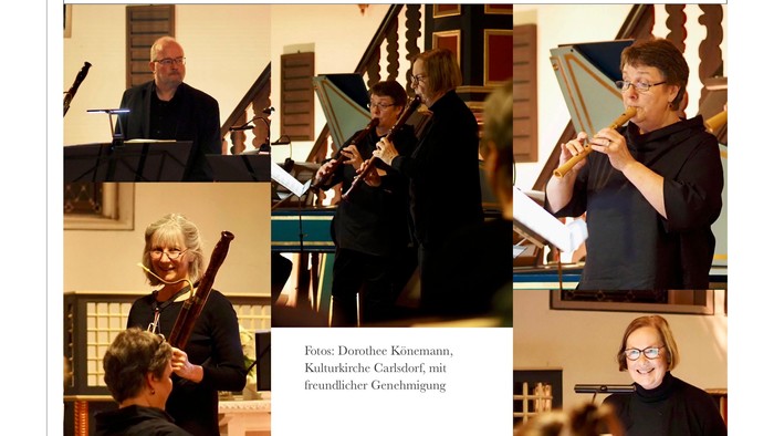 Programm für ein Konzert mit Barock- und Renaissancemusik, mitwirkende Künstlerinnen sind Barbara Densberger, Angela Hug und Anne Ringborg.