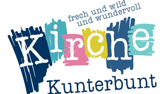 Bunter und kreativer Logo mit den Worten "Kirche Kunterbunt" und "fresh und wild und wundervoll".