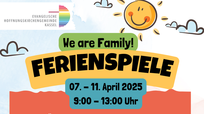 **Plakat für die Familienveranstaltung „Ferienspiele“**
vom **7.–11. April 2025** für Kinder von **6–11 Jahren**,
mit Kontaktdaten und QR-Code.