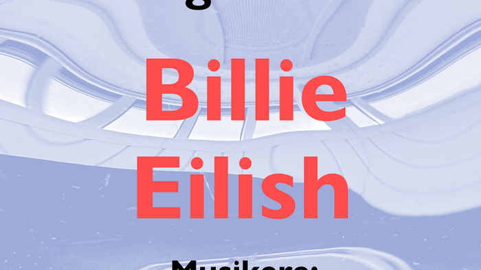 Plakat annoncerer Billie Eilishs musikgudstjeneste i Bellahøj Kirke med Merete Ørting og Oliver Hoiness den 22. februar kl. 10:30.