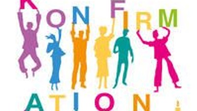 Das Bild zeigt bunte Silhouetten von Menschen, die tanzen und feiern, mit dem Wort "Konfirmation" in der Mitte.