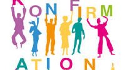 Das Bild zeigt bunte Silhouetten von Menschen, die tanzen und feiern, mit dem Wort "Konfirmation" in der Mitte.