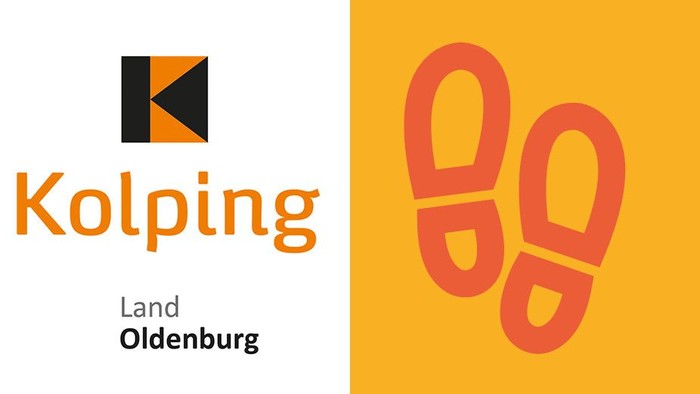 Das Bild zeigt das Logo von Kolping mit dem Slogan "Land Oldenburg" und einem Symbol von Fußabdrücken.