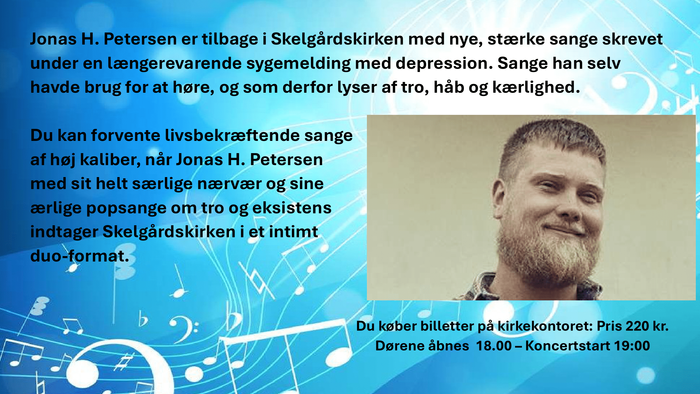 Plakat til en koncert med Jonas H. Petersen og Skelgårdskirkens kor, hvor de deler deres erfaringer med depression og musik.