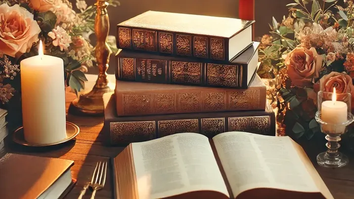 Ein Altar mit Kerzen, Büchern und einem Kreuz in einer Kirche