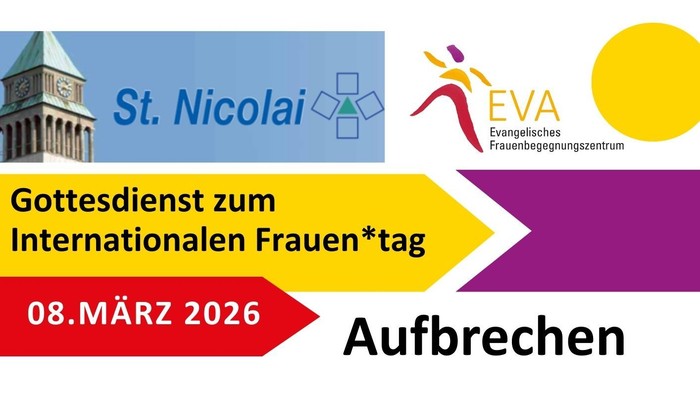 Kirchliche Ankündigung zum Internationalen Frauentag am 8. März 2026 in der St. Nikolai-Kirche mit Kaffee und Netzwerken.