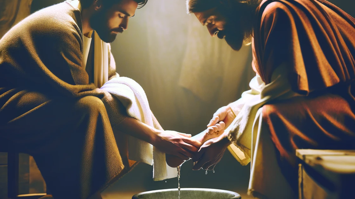 Two men washing hands, one pouring water over the other's hands.