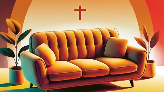 Poster für Fresh-Friday Veranstaltung am 14.03.2025 mit orangefarbenem Sofa und Kreuz