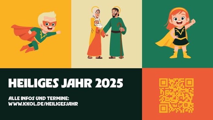 Drei bunte Figuren mit "Heiliges Jahr 2025" und QR-Code