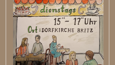 Das Bild zeigt eine illustrierte Einladung zum Offenen Café mit Öffnungszeiten und Ort.