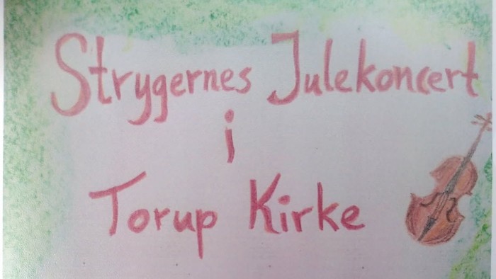Plakat til en koncert med **Strygernes Julekoncert** i **Torup Kirke**, med oplysninger om dato, tid og medvirkende.