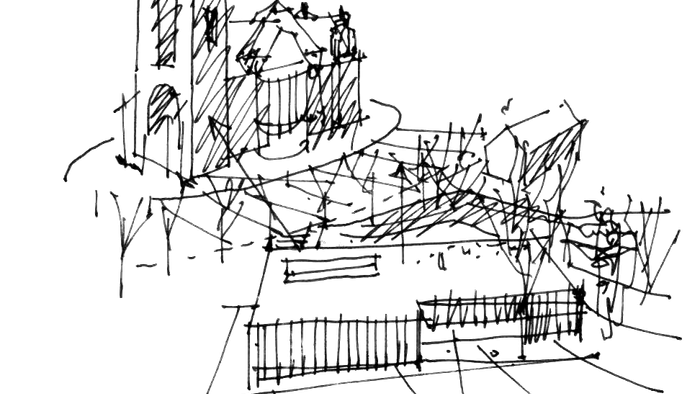 Das Bild zeigt eine skizzenhafte Darstellung eines komplexen Gebäudes mit zahlreichen Ebenen und Brücken.
