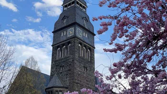 Turm mit Uhrwerk und rosa Blüten im Vordergrund