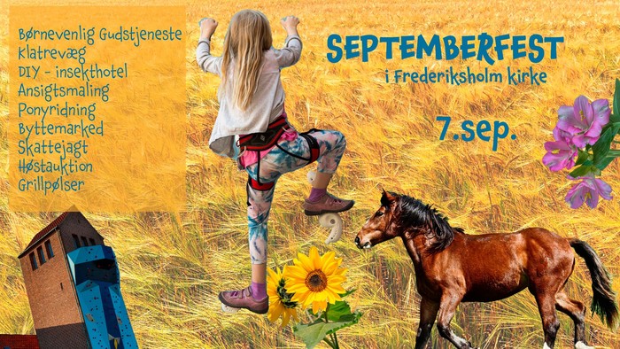 Septemberfest på Frederiksholm kirke med aktiviteter som klatrevæg, DIY-inspektørhotel, ansigtsmaling, ponyriding og mere