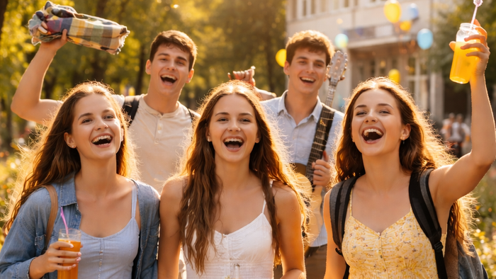 Eine fröhliche Gruppe von Freunden feiert im Freien mit Getränken und Gelächter an einem sonnigen Tag.