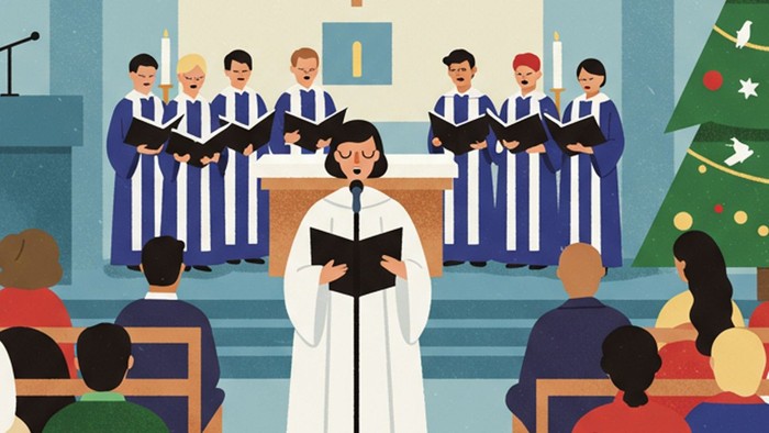 Church service with choir singing, Christmas tree present