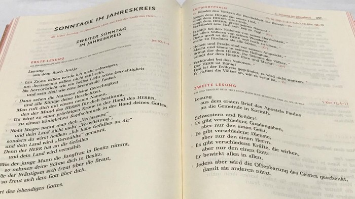 Offenes Buch mit rotem Einband und deutscher Schrift