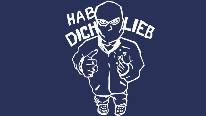 Illustrierte Figur in Streetwear mit dem deutschen Spruch „Hab dich lieb“ darüber, die ein Peace-Zeichen macht.