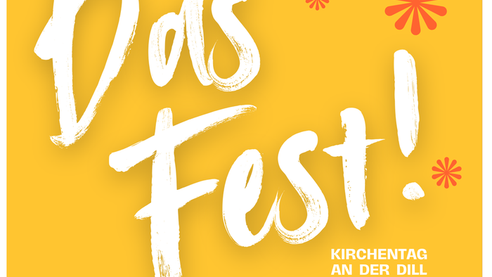 Werbeplakat für die Veranstaltung „Das Fest!“ des Kirchentags in Herborn – gefeiert mit festlichen Gelb- und Rot-Designs.