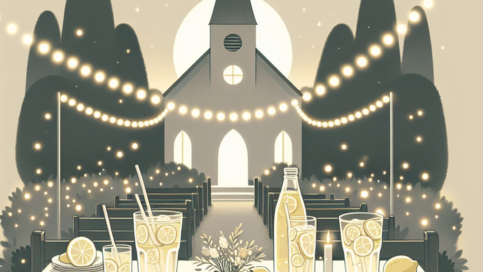 Tisch mit Getränken und Kirche im Hintergrund 