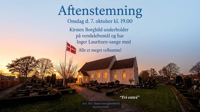 Aftenarrangement i kirken med solnedgang i baggrunden, præsenterer live musik og en velkomsthilsen.