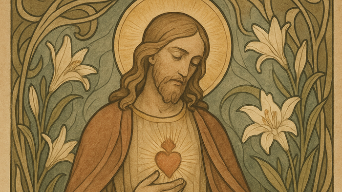 Jesus Kristus, der holder sit hjerte, omgivet af liljer og prægtige dekorationer