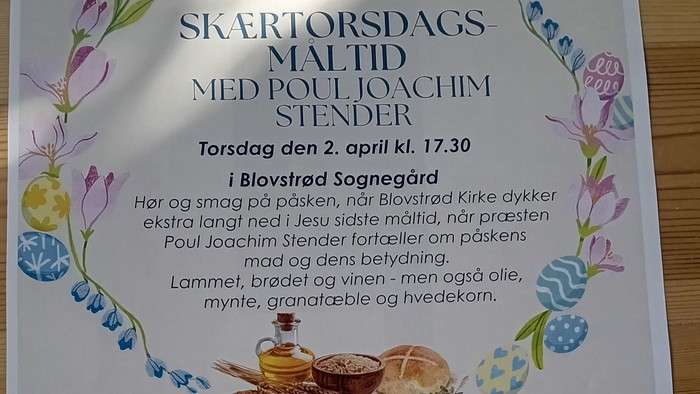 Indbydelse til palmesøndagsgudstjeneste med Joachim Stender i Blovstrød Sognegård den 2. april med blomster og detaljer.