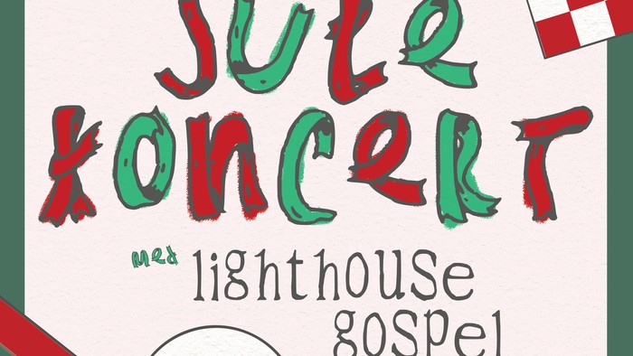 Plakat til en julekoncert med Lighthouse Gospel, 6. december, kl. 15:00–16:30, Lutherkirken, Randsgade 3, 2100 København.