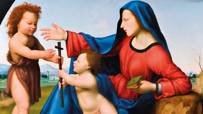 Religiøs maleri forestiller en kvinde i rødt og blåt, der holder et barn, mens et andet barn rækker frem med et kors.