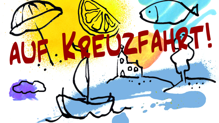 Ein lustiges Segelboot auf dem Meer mit einer Burg und einem Fisch, dazu ein Sonnenschirm und eine Zitrone