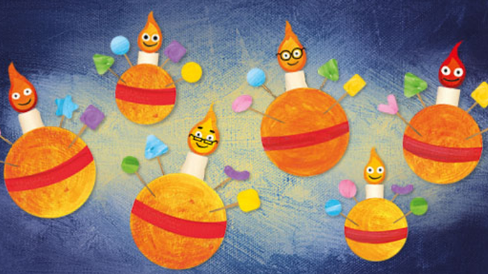 Colorful cartoonish planets with faces and candles floating in space.