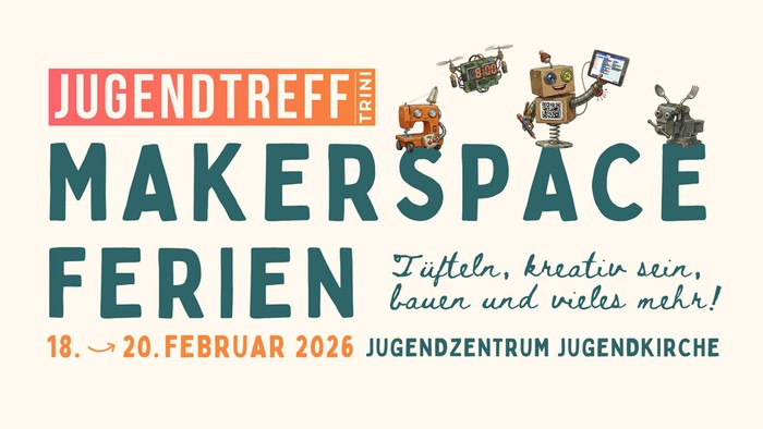 Ein lebendiges Plakat, das für eine Jugend-Makerspace-Veranstaltung mit kreativen Aktivitäten vom 18. bis 20. Februar 2026 wirbt.