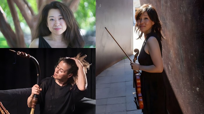 Collage von Musiker:innen, die Geige und Saxophon im Freien spielen, mit Nahaufnahmen von Porträts.