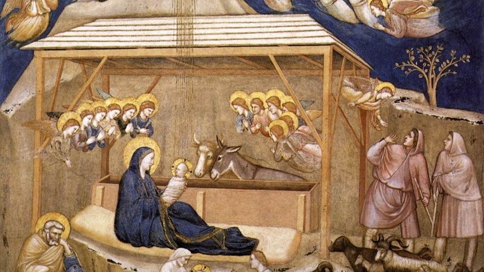 Religiøs kunst, der afbilder julescenen med engle, Maria, Josef og barnet Jesus.