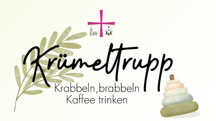 Das Bild zeigt ein Logo für „Kriemettrupp“ mit einem Kreuz, einem Blatt und übereinandergestapelten Bechern.