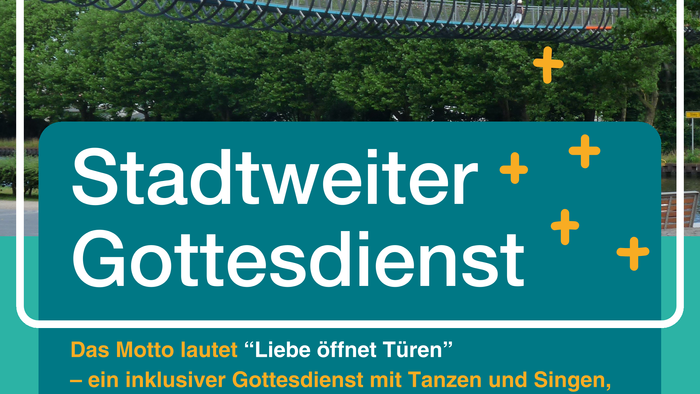 Bild einer Hängebrücke für FussgängerInnen. Ankündigungsplakat für den Stadtweiten Gottesdienst