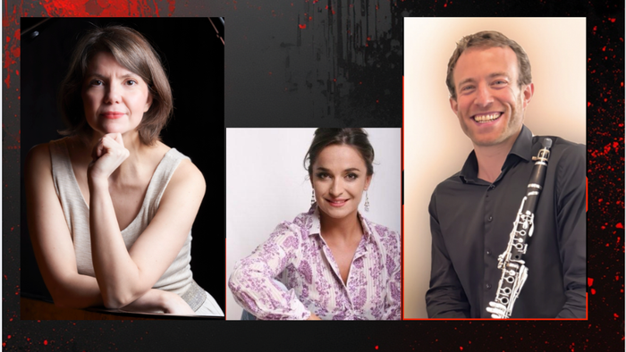 Trois musiciens : un pianiste, un chanteur et un clarinettiste posant individuellement dans un collage.