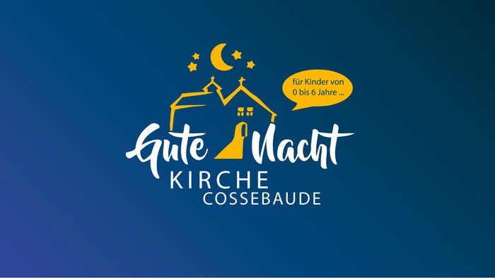 Das Bild zeigt ein Logo mit einem Haus und Mond, beschriftet mit "Gute Nacht Kirche Cossebaude".