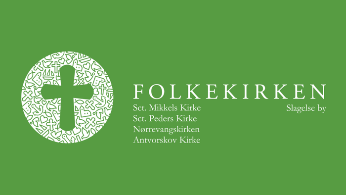 Logo for Folkekirken med kirker i Slagelse, designet med et kors og tekst i hvidt.