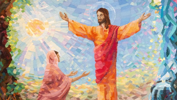 Billedet viser en religiøs maleri med Jesus og en anden person i en trækirke.