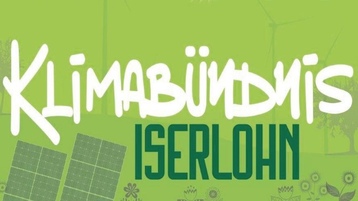 Plakat zur Förderung des Ziels der Klimaneutralität für Iserlohn bis 2035 mit Klimabündnis-Branding.