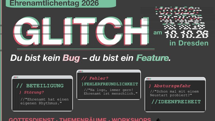Veranstaltungsplakat zum „Ehrenamtlichentag 2026“ in Dresden mit Glitch-Art-Design und Code-Snippets zum Thema Ehrenamt.