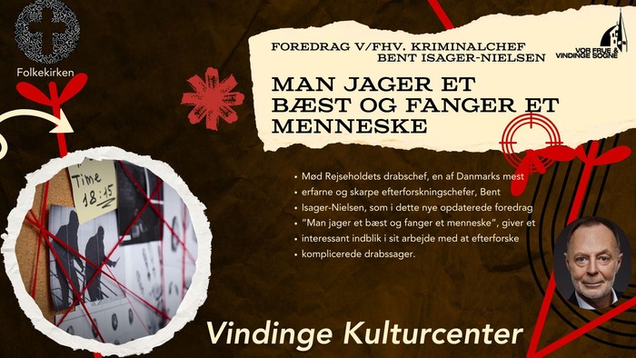 Plakat til foredrag med Bent Isager-Nielsen om jagt på og fangst af mennesker, planlagt på Vindinge Kulturcenter.