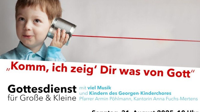 Ein Kind horcht in ein Büchsentelefon. Dazu der Slogan 