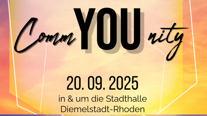 Veranstaltungsplakat für *„CommUnity“* am **20.09.2025** mit Aktivitäten- und Partyzeiten, Veranstaltungsort und DJ-Infos.