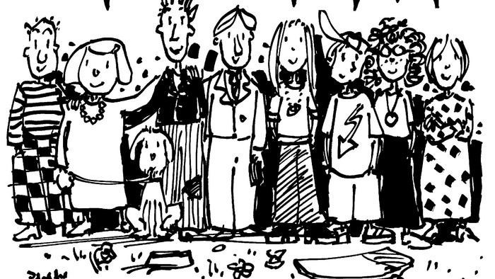 Eine verspielt gestaltete Einladungskarikatur zu einer Firmungsfeier mit einer vielfältigen, fröhlichen Gruppe von Menschen.