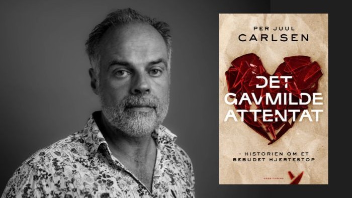 Portræt af Per Juul Carlsen samt bogforside af hans roman Det gavmilde attentat