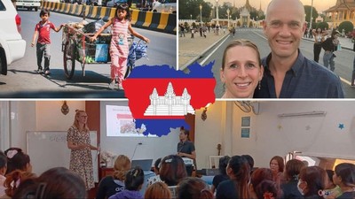 Billeder af Cambodja: Par, cykelrytter, foredrag og flag.