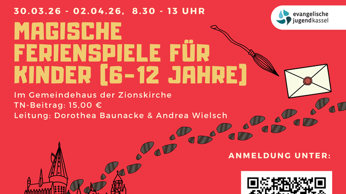 Magische Spiele für Kinder von 6–12 Jahren, 30. März, 8:30–13:00 Uhr, 15 €, QR-Code zur Anmeldung.