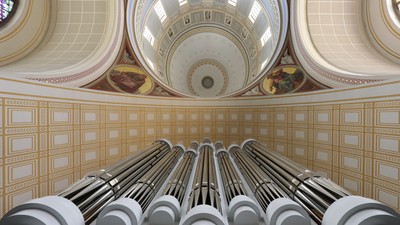 Große Orgel in prächtiger Kuppelhalle mit aufwendigen Verzierungen